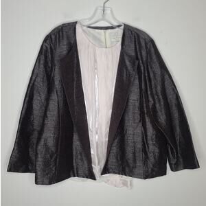 Eileen Fisher black grey silver silk wool open front blazer jacket - Large
